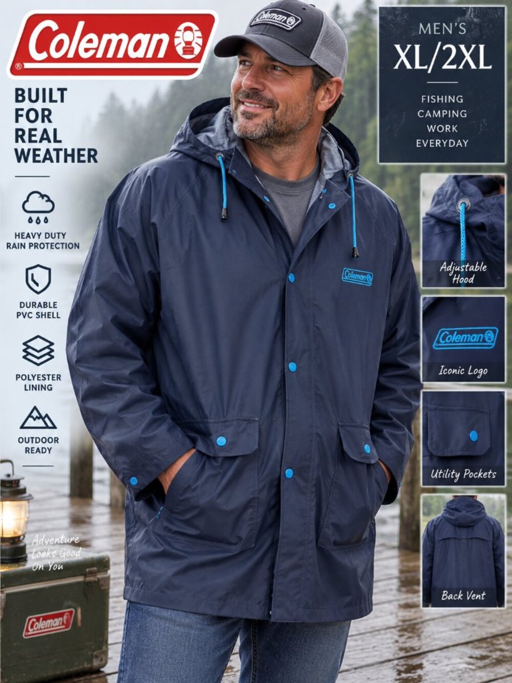 Coleman Heavy Duty PVC Rain Jacket XL/2XL Lined Fishing Foul Weather Raincoat